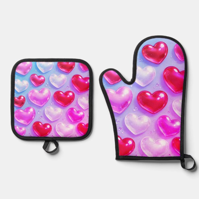 Ensemble De Gant De Cuisine Et De Manique bubble heart (Recto)