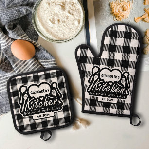 Ensemble De Gant De Cuisine Et De Manique Buffle noir et blanc rustique Plaid Cuisine person