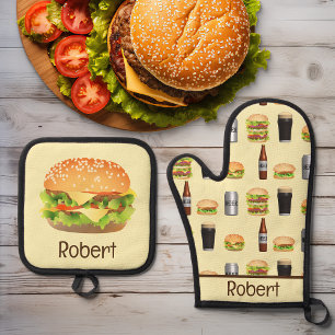 Ensemble De Gant De Cuisine Et De Manique Burgers et bières