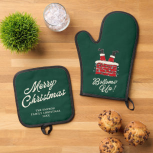 Ensemble De Gant De Cuisine Et De Manique Cadeau de cuisine de Noël amusant Santa Bottoms Up