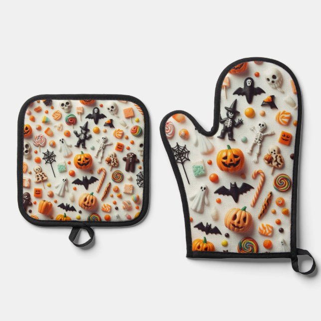 Ensemble De Gant De Cuisine Et De Manique Canettes d'Halloween (Recto)