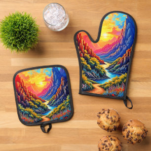 Ensemble De Gant De Cuisine Et De Manique Canyon de la rivière au coucher du soleil Art