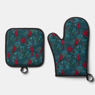 Ensemble De Gant De Cuisine Et De Manique Cardinaux et conifères, motif de vacances d'hiver