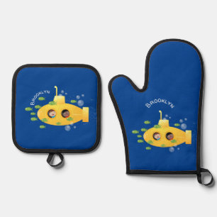 Ensemble De Gant De Cuisine Et De Manique Caricature de poisson sous-marin jaune mignon