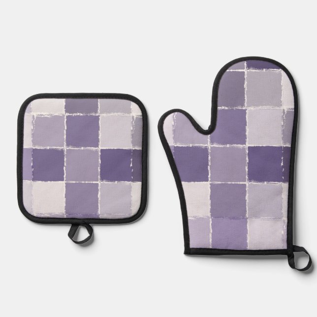 Ensemble De Gant De Cuisine Et De Manique Carrés violets (Recto)