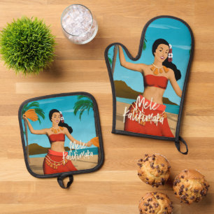 Ensemble De Gant De Cuisine Et De Manique Carte postale Vintage hawaïen Mele Kalikimaka