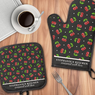 Ensemble De Gant De Cuisine Et De Manique Cerises à pois noires personnalisées