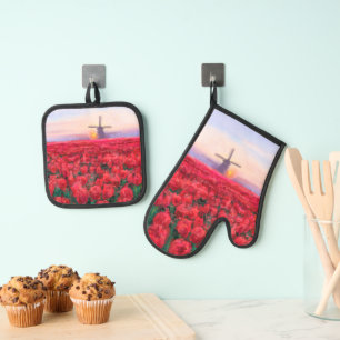 Ensemble De Gant De Cuisine Et De Manique Champ Tulips Pays-Bas Four Mitt & Pot Holder Set