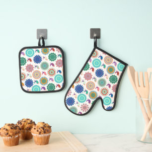 Ensemble De Gant De Cuisine Et De Manique Chanter Bird et Mandala Cute Folk Art Motif