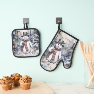 Ensemble De Gant De Cuisine Et De Manique Charmant Snowman Aquarelle Forêt d'hiver