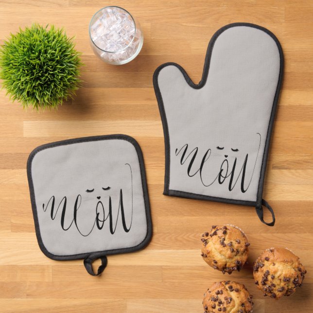 Ensemble De Gant De Cuisine Et De Manique Chat Grey Meow (De haut en bas)