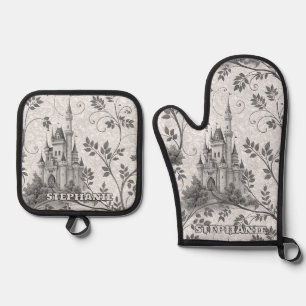 Ensemble De Gant De Cuisine Et De Manique Château de la Fairytale en Niveaux de gris avec fr