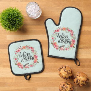 Ensemble De Gant De Cuisine Et De Manique Chic Mint Croyez en vos rêves Oiseau rose Floral