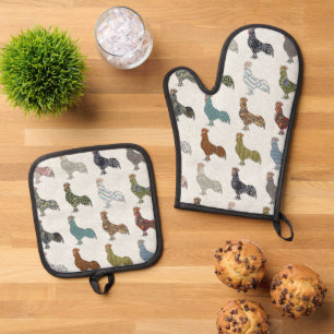 Ensemble De Gant De Cuisine Et De Manique Chicken Rooster Coloré ferme Motif