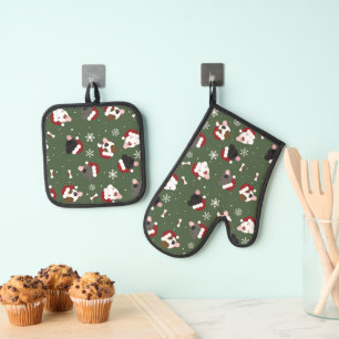 Ensemble De Gant De Cuisine Et De Manique Chiens de Noël sur Vert