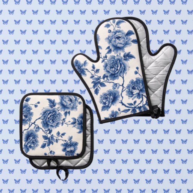 Ensemble De Gant De Cuisine Et De Manique Chinoiserie Roses Bleues Blanches (Glamorous chinoiserie oven mitt and pot holder! Great shower gift!)