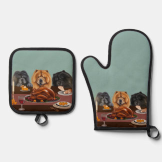 Ensemble De Gant De Cuisine Et De Manique Chow Chow Fête four Mitt et Pot Porteur