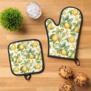 Ensemble De Gant De Cuisine Et De Manique Citrus aux fleurs de citron méditerranéen