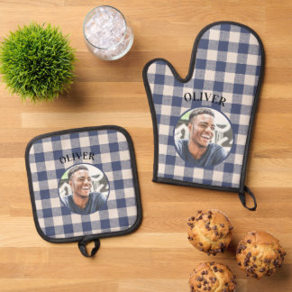 Ensemble De Gant De Cuisine Et De Manique Classic Blue Gingham Plaid Custom Name & Photo