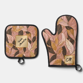 Ensemble De Gant De Cuisine Et De Manique Collection de Feuilles de Boho Rouge Rose Populair