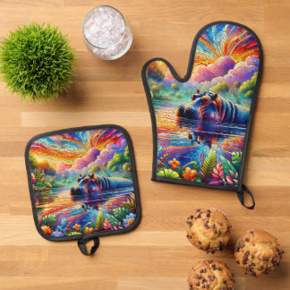 Ensemble De Gant De Cuisine Et De Manique Colorful Hippo 