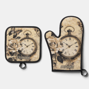 Ensemble De Gant De Cuisine Et De Manique Compas vintage et papillon - Papier rustique (2)