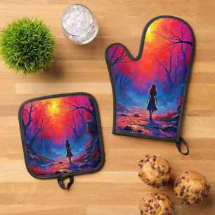 Ensemble De Gant De Cuisine Et De Manique Conception de la solitude de la fille de la forêt