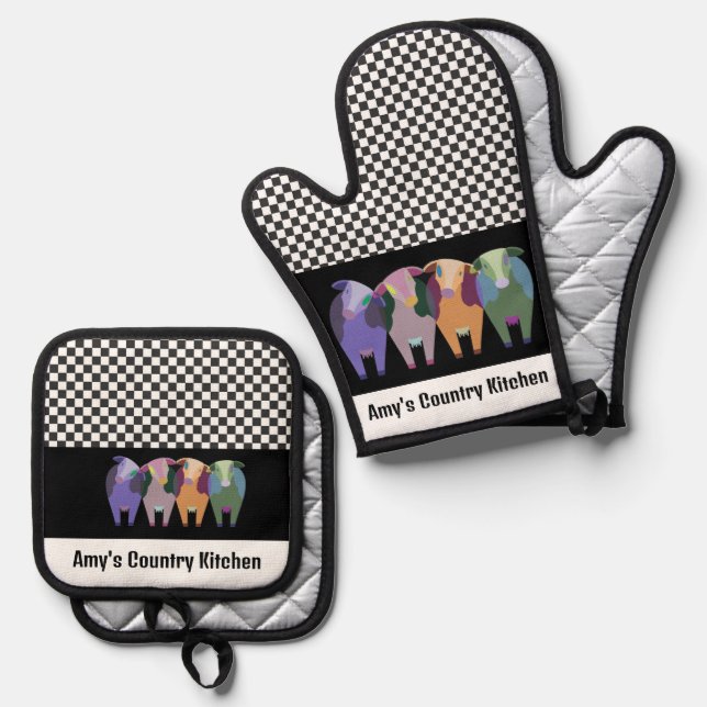 Ensemble De Gant De Cuisine Et De Manique Conception de quatre vaches (Recto/Verso)