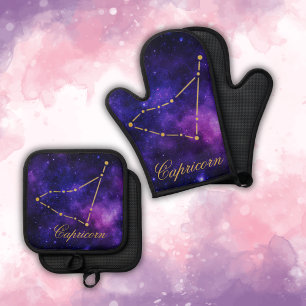 Ensemble De Gant De Cuisine Et De Manique Constellation de Capricorne d'or sur Galaxie noire