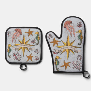 Ensemble De Gant De Cuisine Et De Manique Cool Blue Nautical Kitchen Capitaine Sea Life