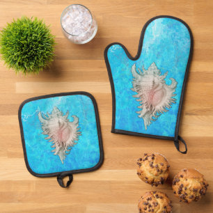 Ensemble De Gant De Cuisine Et De Manique Coquille de Conque "Vie de Plage"