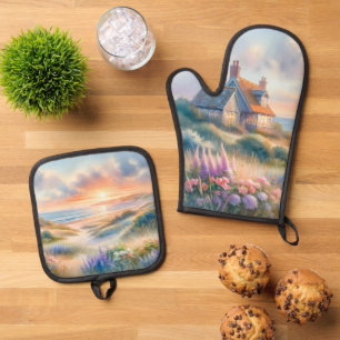 Ensemble De Gant De Cuisine Et De Manique Coucher de soleil sur les dunes de la chaumière cô