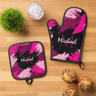Ensemble De Gant De Cuisine Et De Manique Coups de pinceau nuances de rose chaud nom avec mo