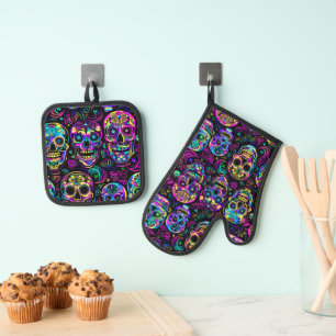 Ensemble De Gant De Cuisine Et De Manique Crâne à sucre coloré