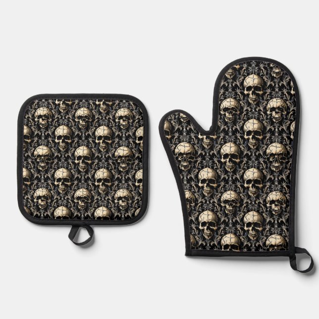 Ensemble De Gant De Cuisine Et De Manique Crânes de goth antiques (Recto)