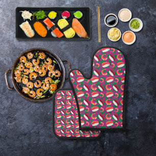 Ensemble De Gant De Cuisine Et De Manique Crevettes et sushis magenta