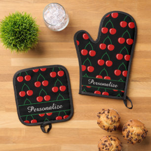 Ensemble De Gant De Cuisine Et De Manique Cuisine personnalisée en tirage de cerise rouge