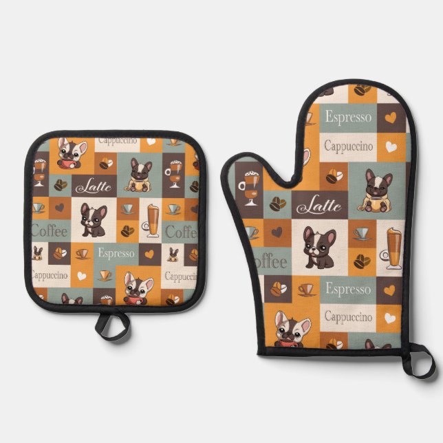 Ensemble De Gant De Cuisine Et De Manique Cute Bulldog Coffee Love (Recto)