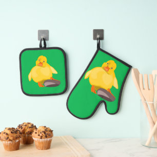Ensemble De Gant De Cuisine Et De Manique Cute Jaune Canard Funny Four Mitt & Pot Pot Set