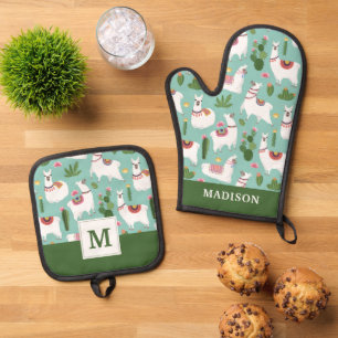 Ensemble De Gant De Cuisine Et De Manique Cute Llamas Sur Motif Turquoise