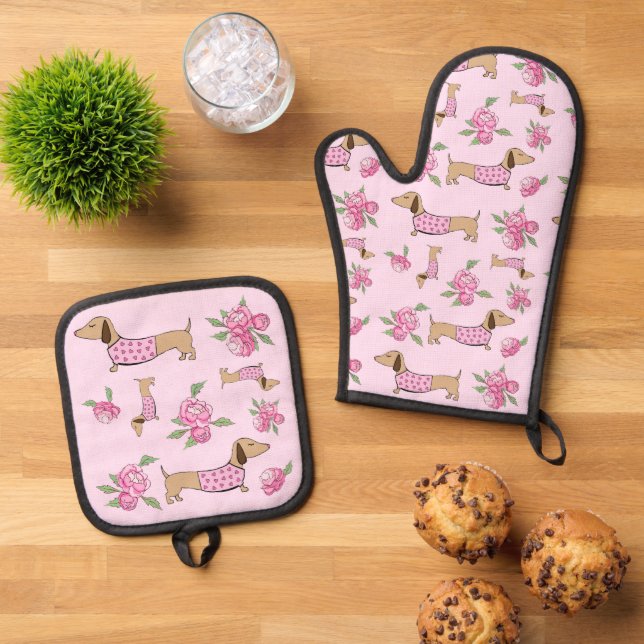 Ensemble De Gant De Cuisine Et De Manique Dachshund Amour & Coeurs (De haut en bas)