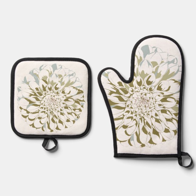 Ensemble De Gant De Cuisine Et De Manique Dahlia Floral  (Recto)