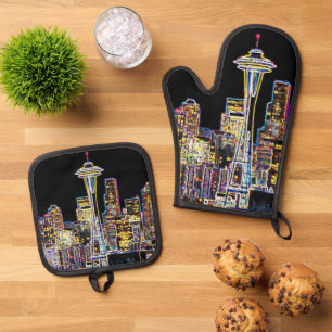 Ensemble De Gant De Cuisine Et De Manique Dark be the Night - Luminous Seattle Skyline