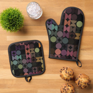 Ensemble De Gant De Cuisine Et De Manique Demi-cercles Abstraits Mod Op Fusion Art Motif