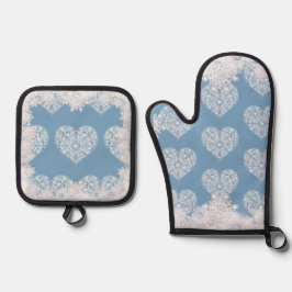 Ensemble De Gant De Cuisine Et De Manique Dentelle en céramique bleu clair & flocon de neige