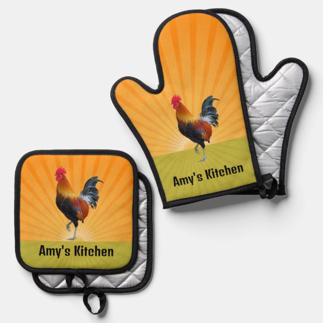 Ensemble De Gant De Cuisine Et De Manique Design de coq coloré (Recto/Verso)
