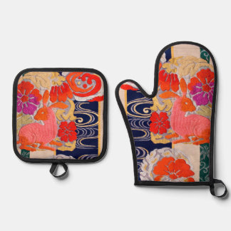 Ensemble De Gant De Cuisine Et De Manique Design de lapin japonais vintage