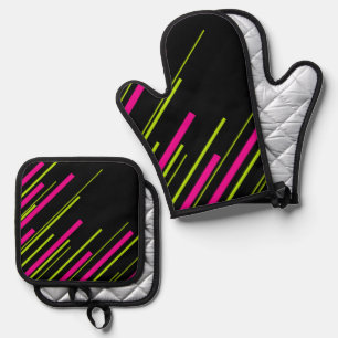 Ensemble De Gant De Cuisine Et De Manique Diagonales en vert citron, rose et noir