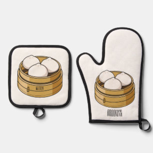 Ensemble De Gant De Cuisine Et De Manique Dim sum dessin animé