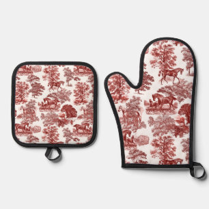 Ensemble De Gant De Cuisine Et De Manique Élégant cheval rustique Toile rouge blanc